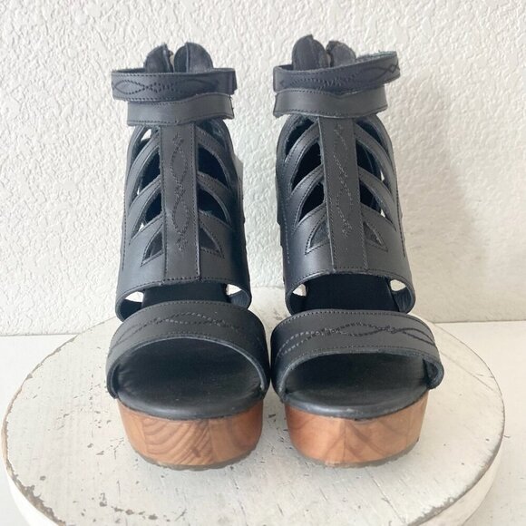Lane Boots BECCA Womens Black Wedges 8.5 Western Sandals Cowgirl Wooden Heels - Picture 5 of 11